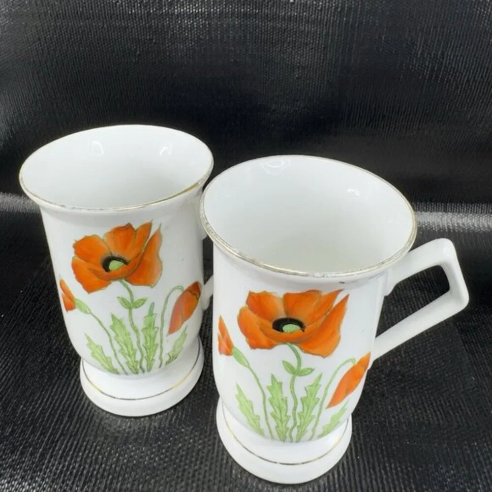 Vintage German‎ Fine Porcelain Pedestal Cup Mug Poppy Red Flower Pattern Set 2